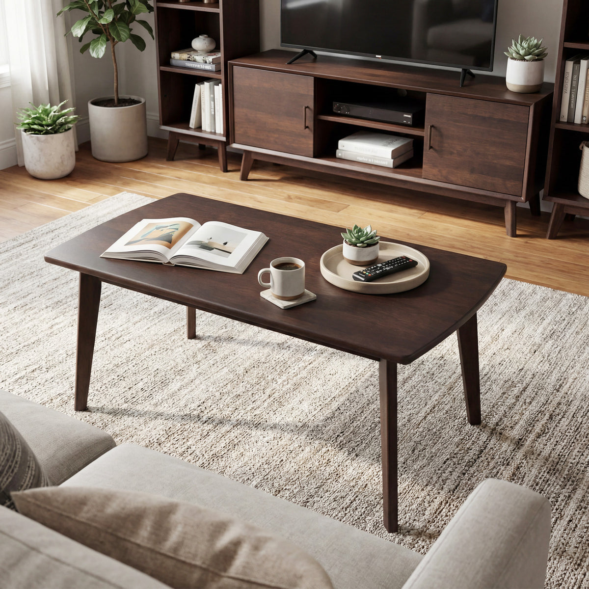 Solid Wood Modern Coffee Table with Tapered Legs-Walnut