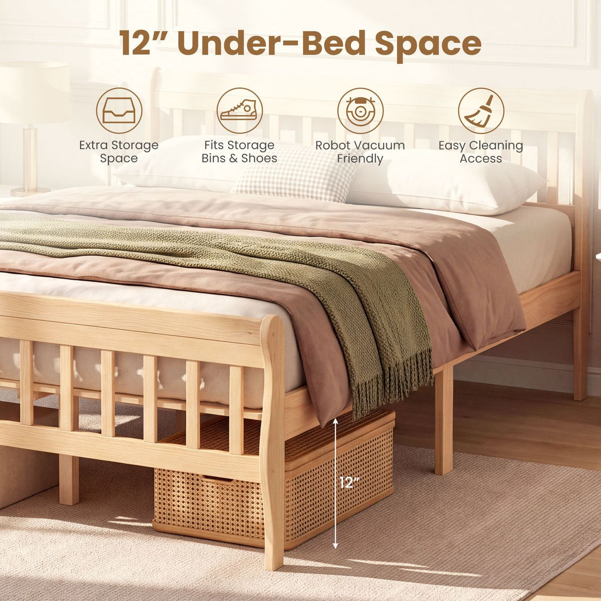 Solid Wood Platform Bed Frame with Headboard Wood Slat Support Natural