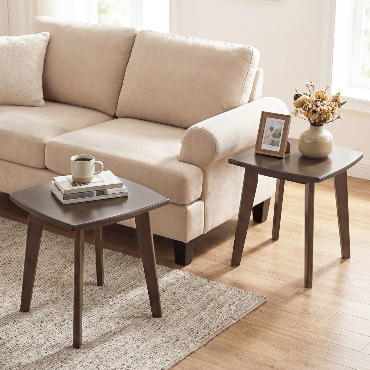 Solid Wood Side Table Square End Table with Thickened Top and Curved Edge-Walnut
