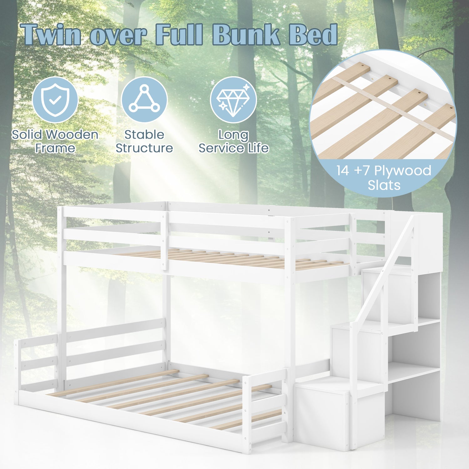 Solid Wood Twin Over Full Low Bunk Bed with Storage Stairs