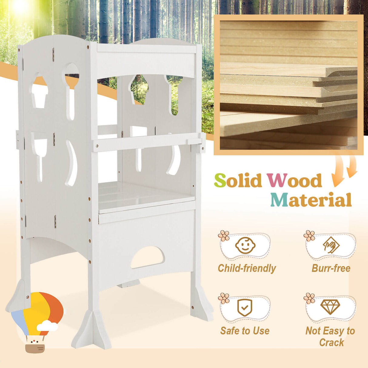 Folding Wooden Step Stool with Lockable Safety Rail for Toddler 3+