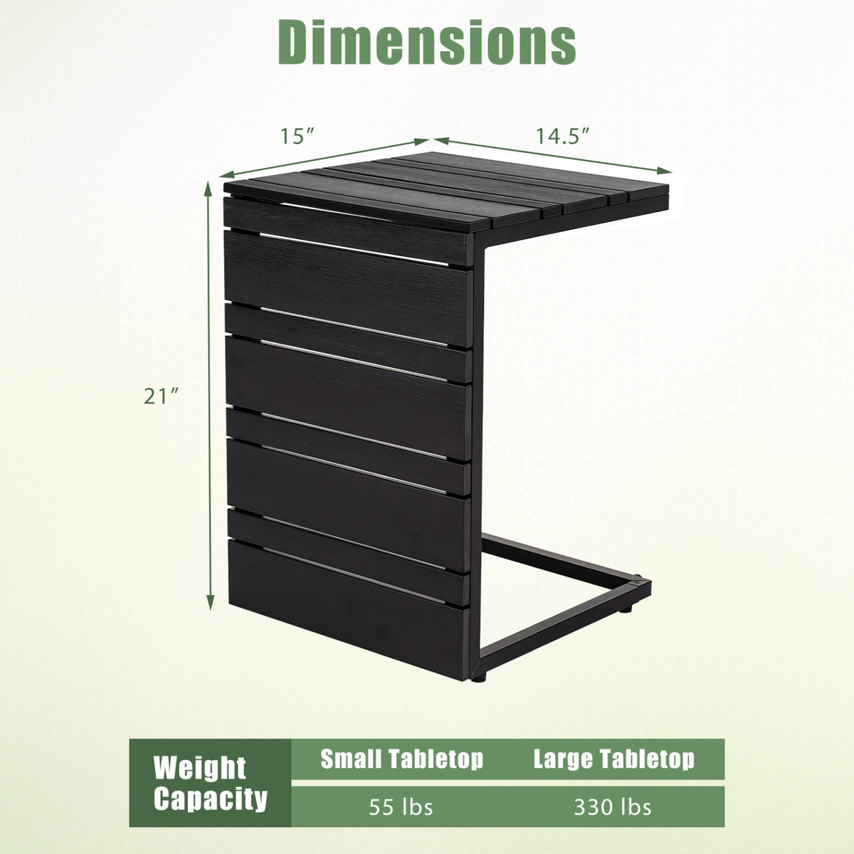 Space-Saving C-Shaped Side Table with Wood-Plastic Top for Indoor Outdoor-Black