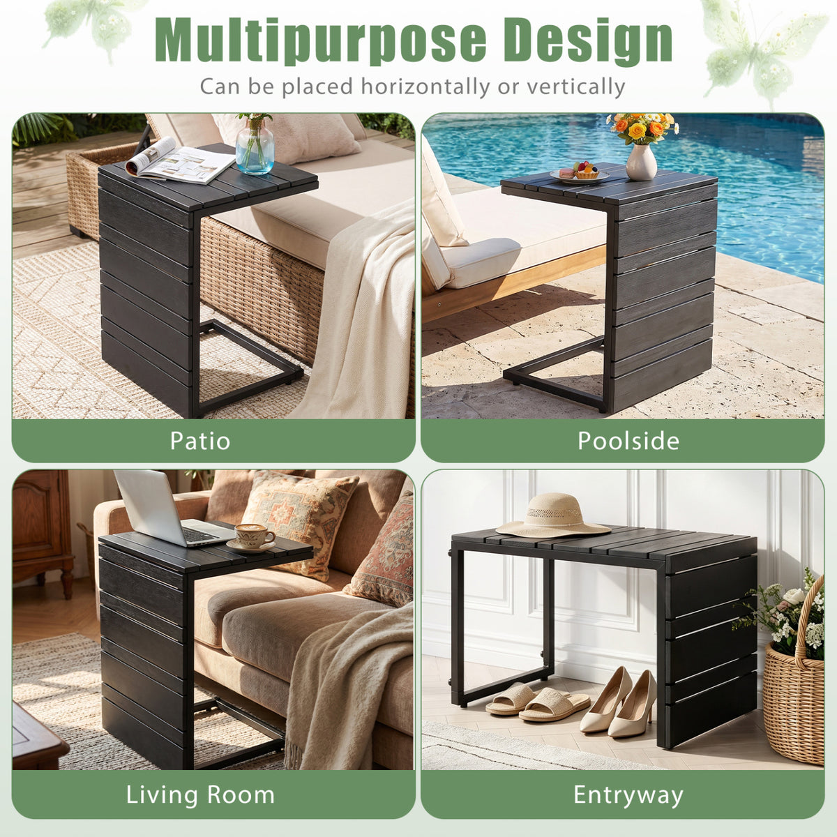 Space-Saving C-Shaped Side Table with Wood-Plastic Top for Indoor Outdoor-Black