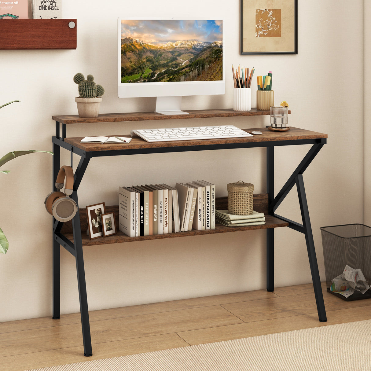 Space Saving Computer Desk with Monitor Stand and Extra Storage Shelf for Work Study