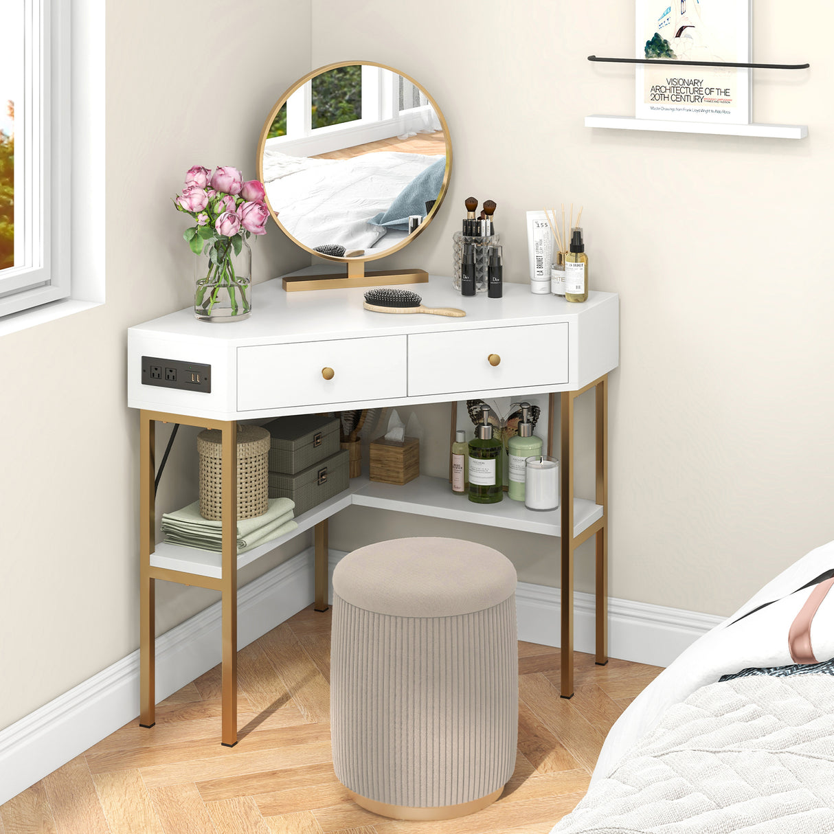 Triangle Corner Desk with Charging Station with 2 Drawers and Storage Shelf