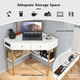 Triangle Corner Desk with Charging Station with 2 Drawers and Storage Shelf