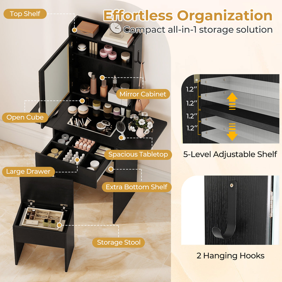 Space-saving Vanity Desk with Mirror and Lights for Bedroom