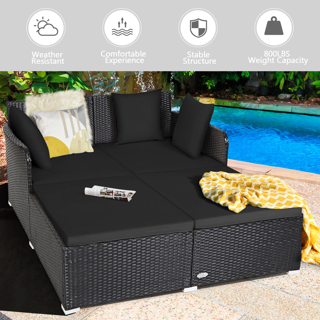 Spacious Outdoor Rattan Daybed with Upholstered Cushions and Pillows