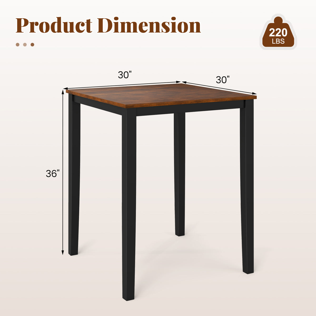 Square Dining Table with Solid Wood Frame for 4-Person
