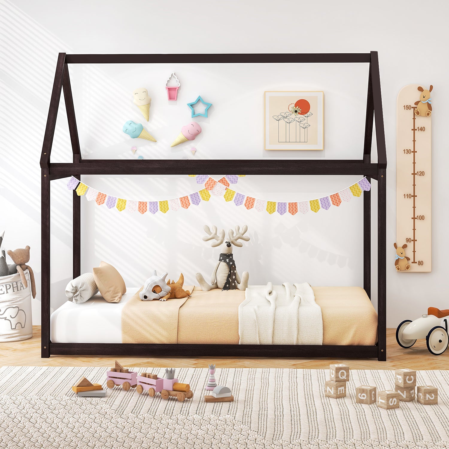Stable Kids Platform Floor Bed with Roof ang Heavy-Duty Slats