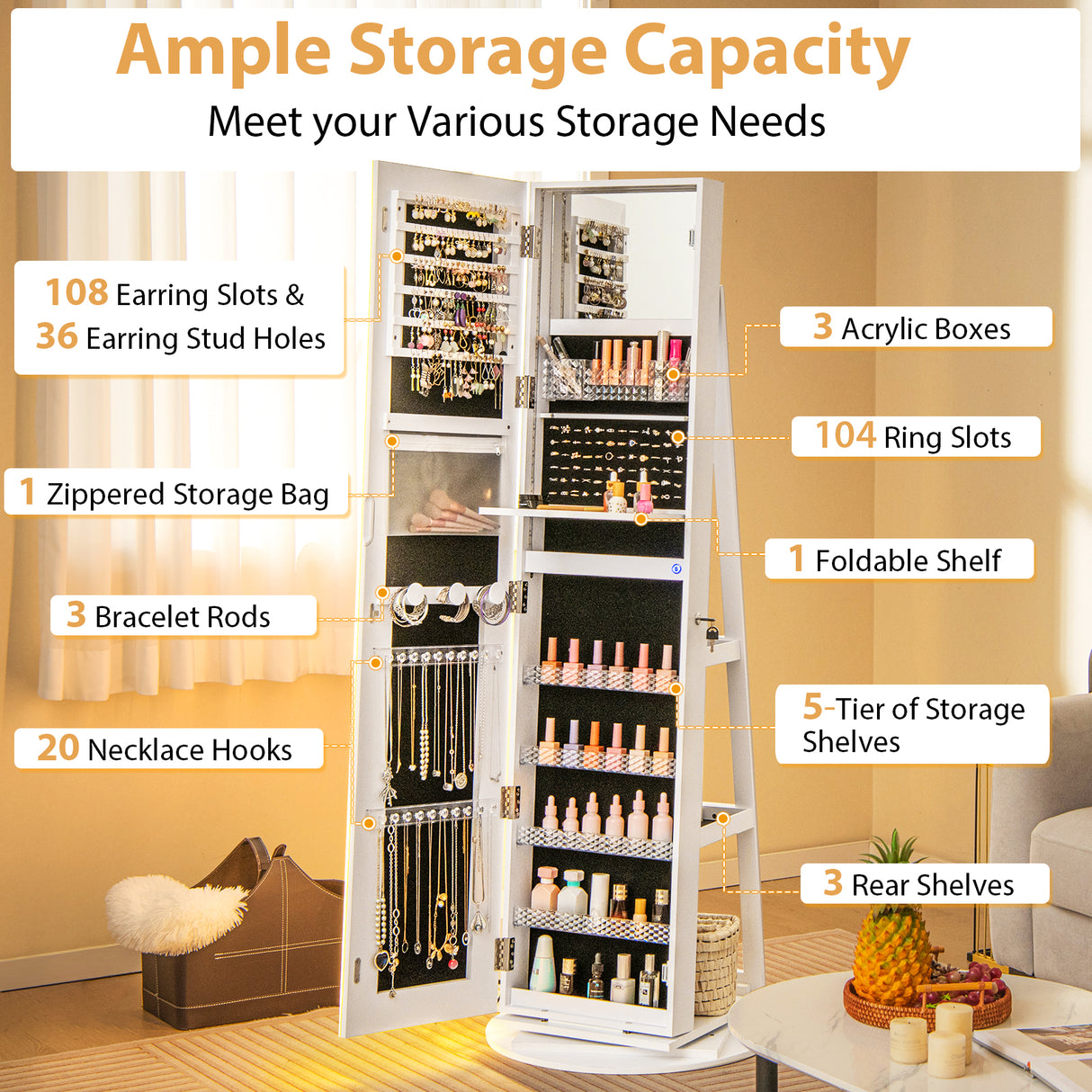 Standing Jewelry Cabinet with Adjustable LED Lights