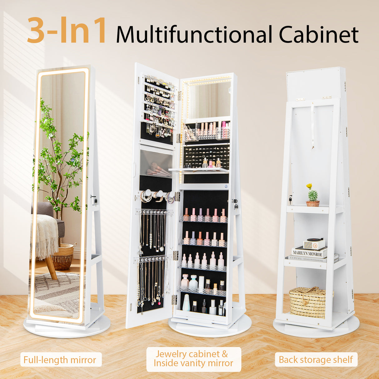 Standing Jewelry Cabinet with Adjustable LED Lights