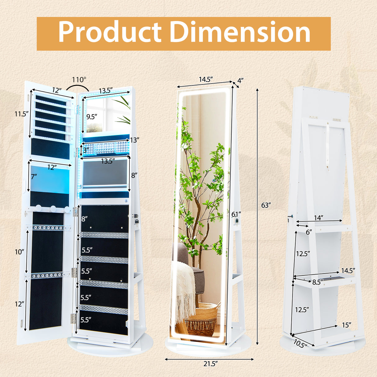 Standing Jewelry Cabinet with Adjustable LED Lights