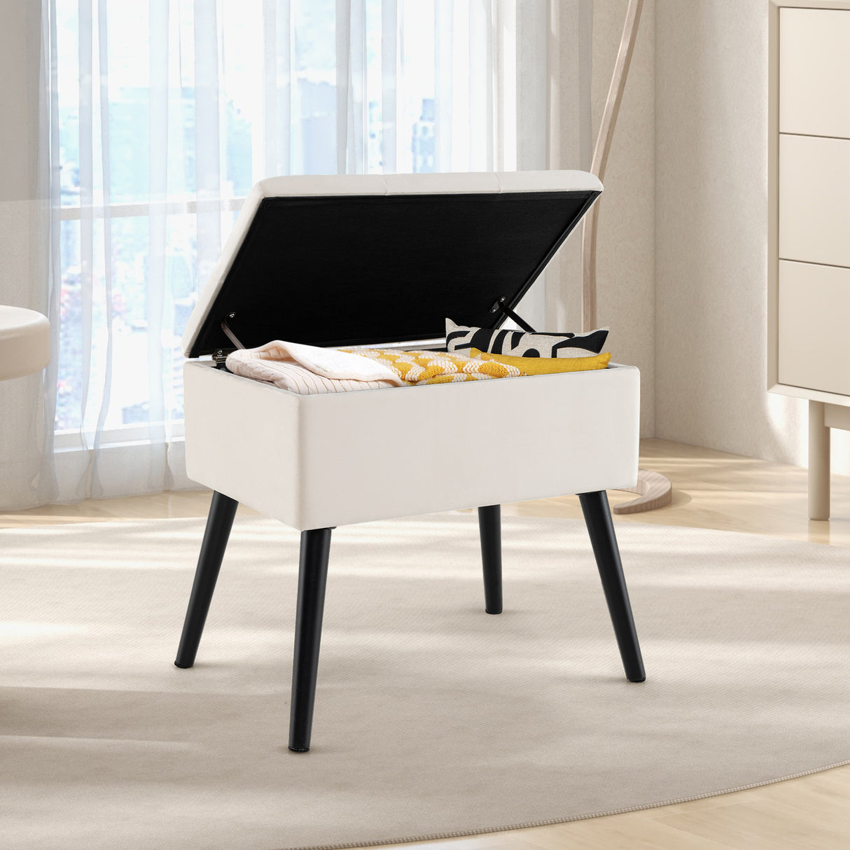 Velvet Storage Ottoman with Solid Wood Legs for Living Room Bedroom