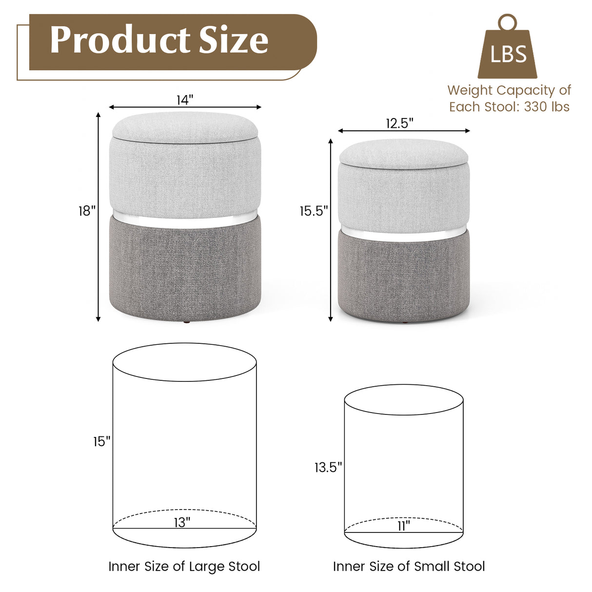 Velvet/Linen Fabric Storage Ottoman Set of 2-Gray