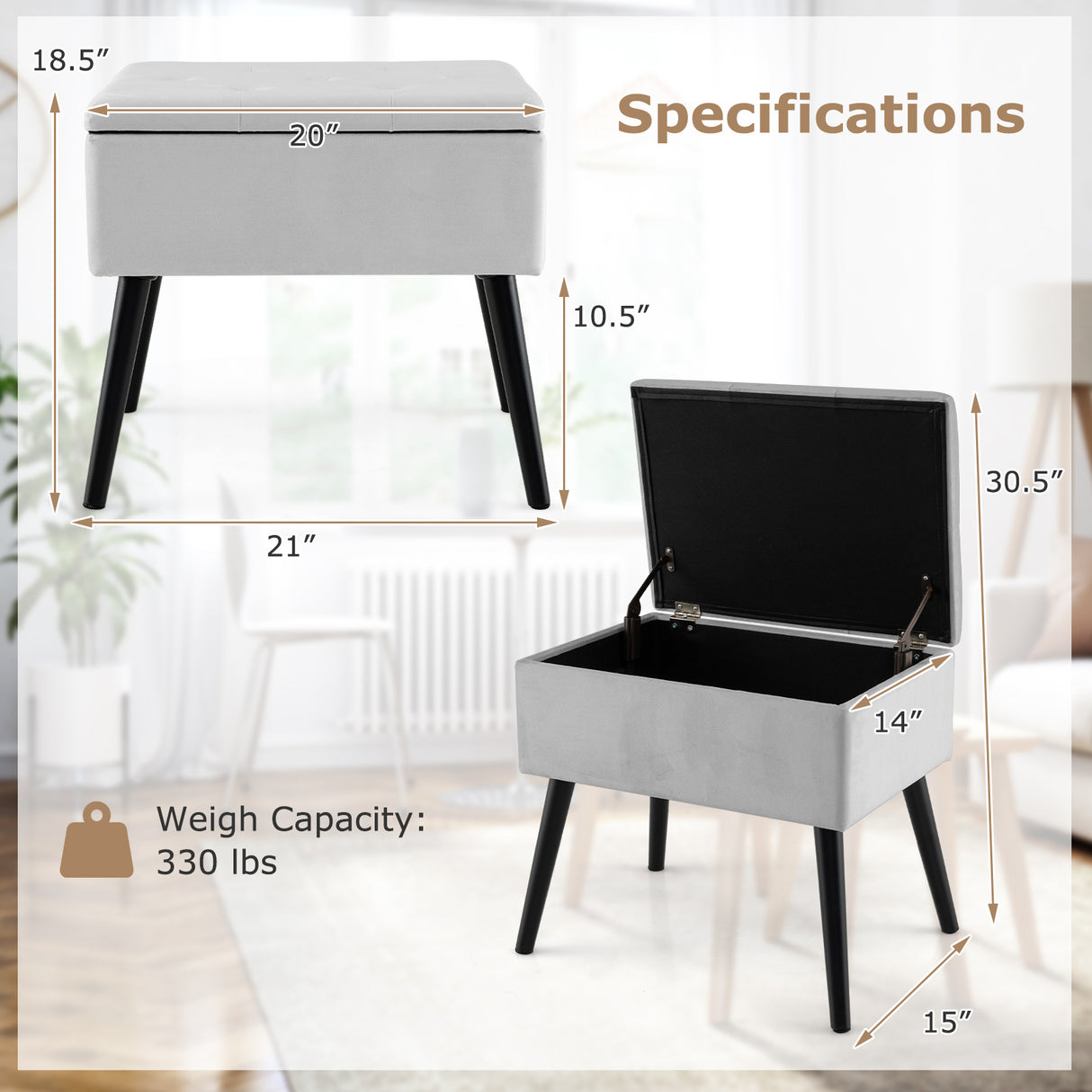 Velvet Storage Ottoman with Solid Wood Legs for Living Room Bedroom