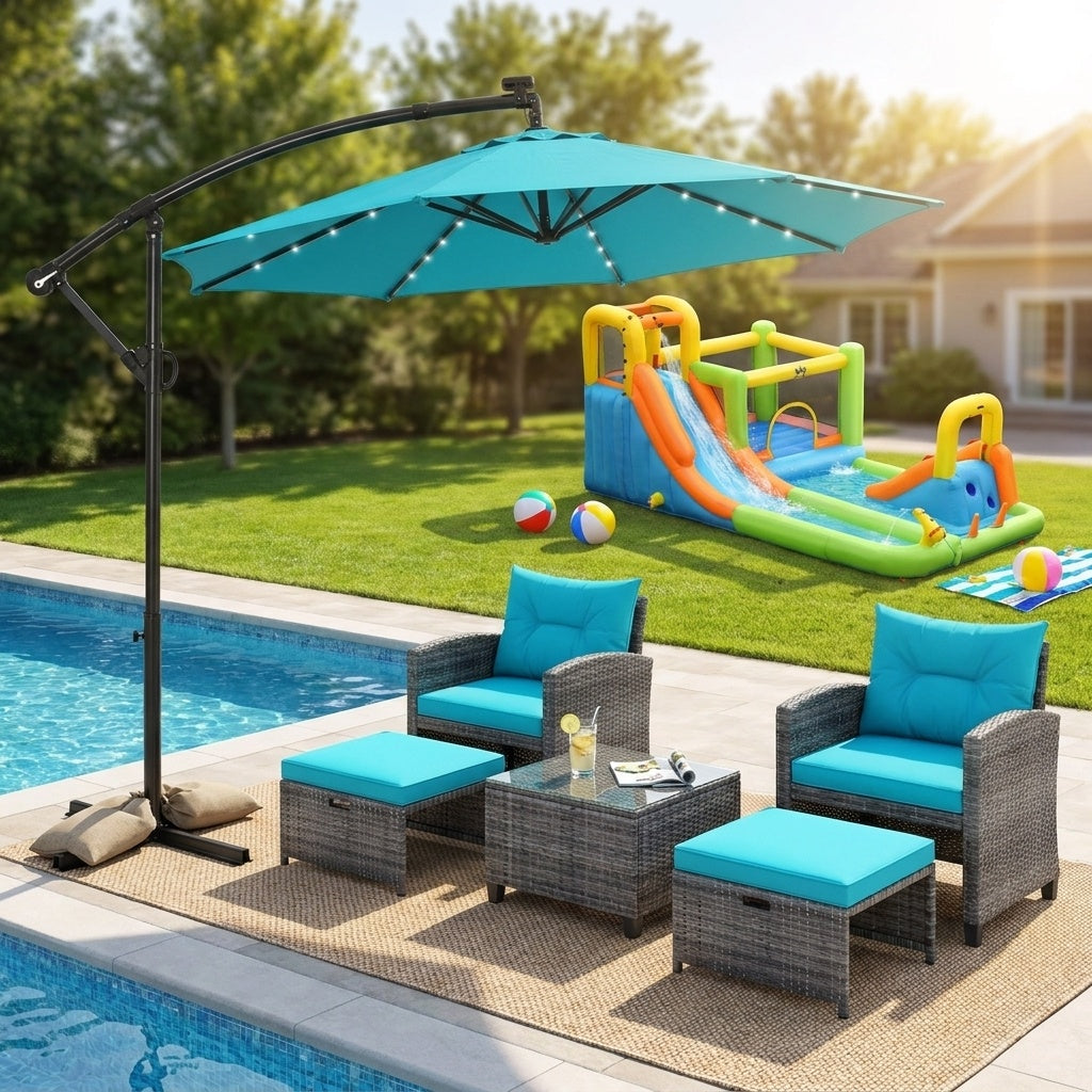 Summer Patio Luxury Bundle: 5-Pc Rattan Furniture Set  8-in-1 Water Slide & 10ft LED Offset Umbrella