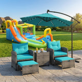 Summer Patio Luxury Bundle: 5-Pc Rattan Furniture Set  8-in-1 Water Slide & 10ft LED Offset Umbrella