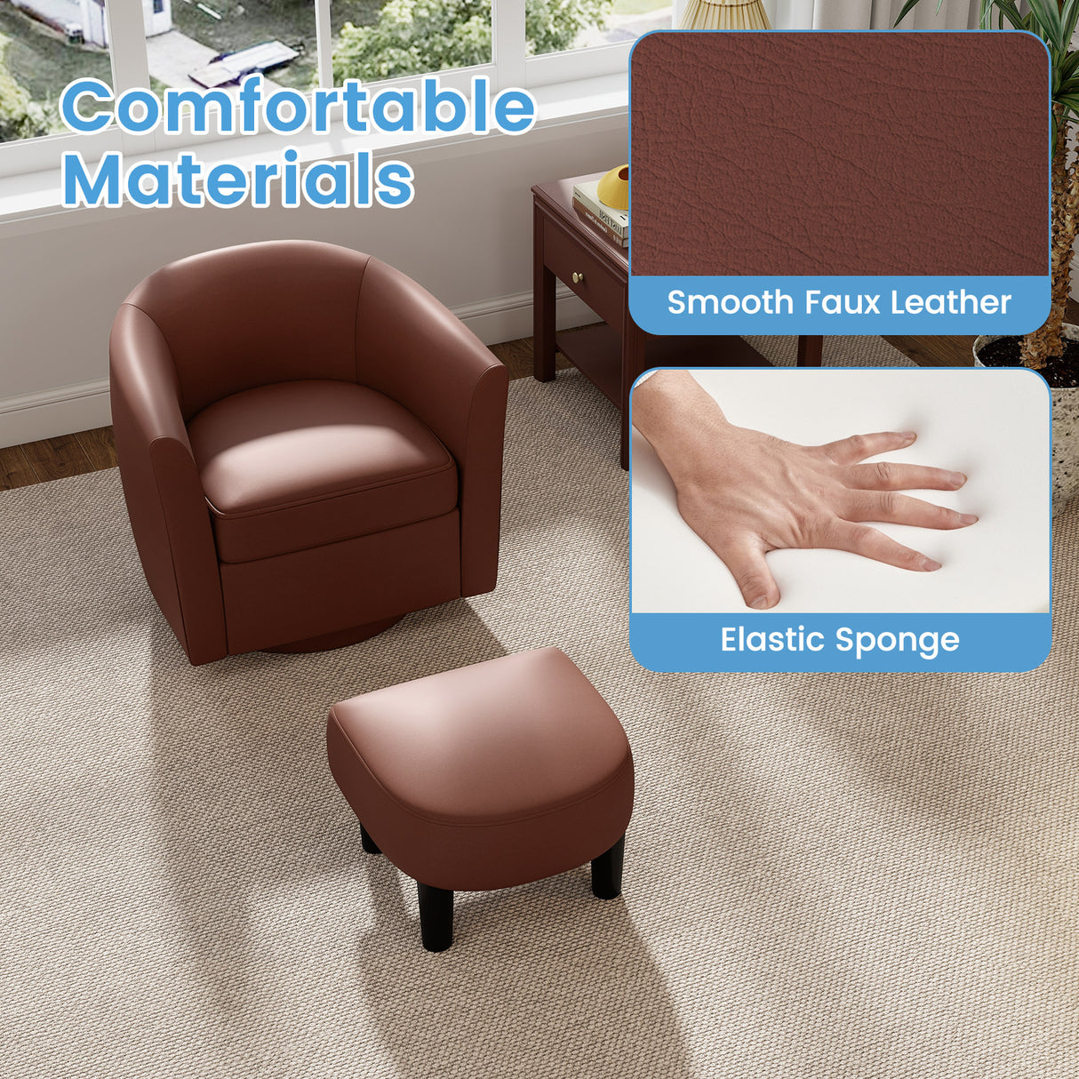Modern Club Swivel Accent Chair with Ottoman Footrest Curved Backrest
