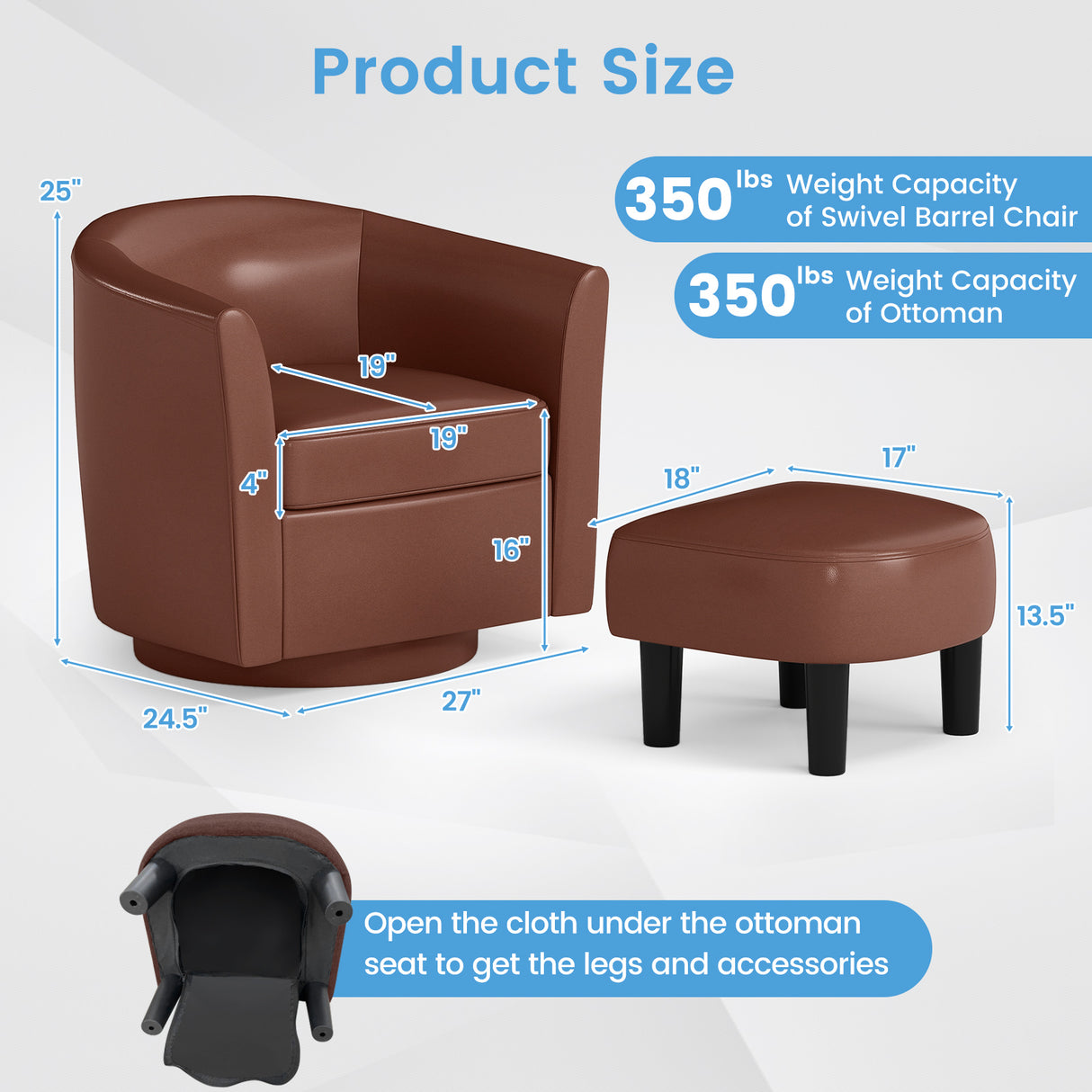 Modern Club Swivel Accent Chair with Ottoman Footrest Curved Backrest