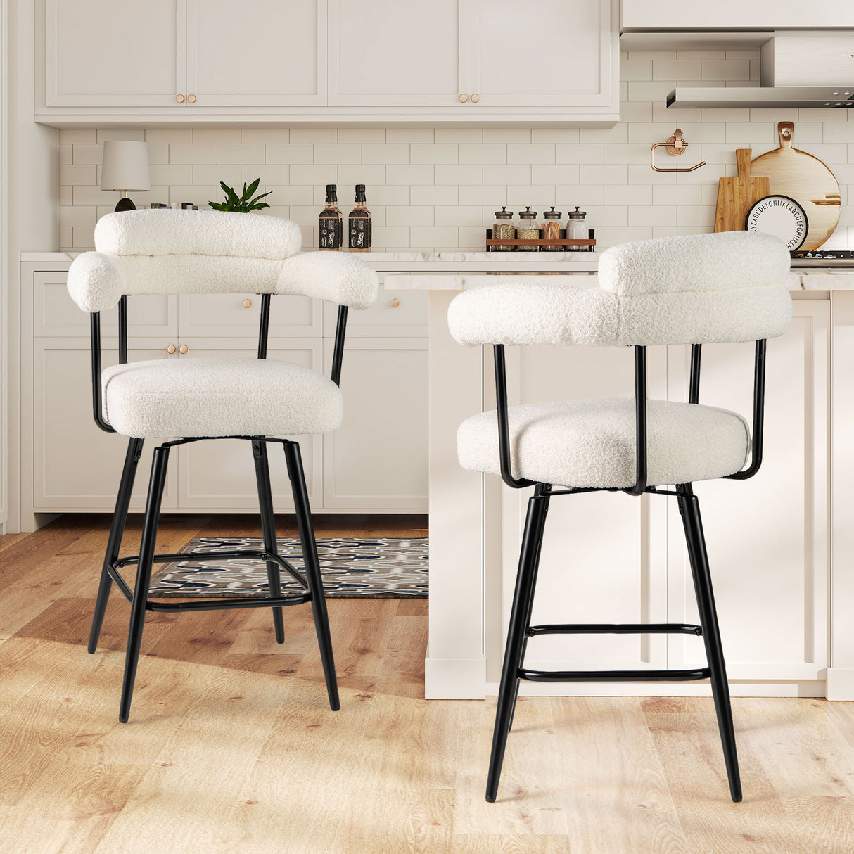 Swivel Bar Stool Set of 2 Counter Height Chairs with Curved Back and Arms