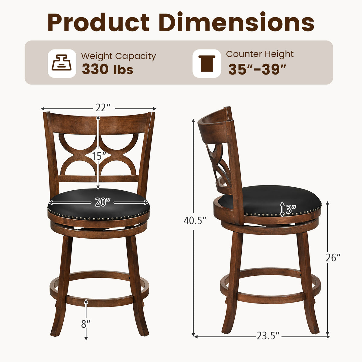 Swivel Bar Stools Set of 2 with High Backrest and Wood Frame-29/Frame-24 Inches