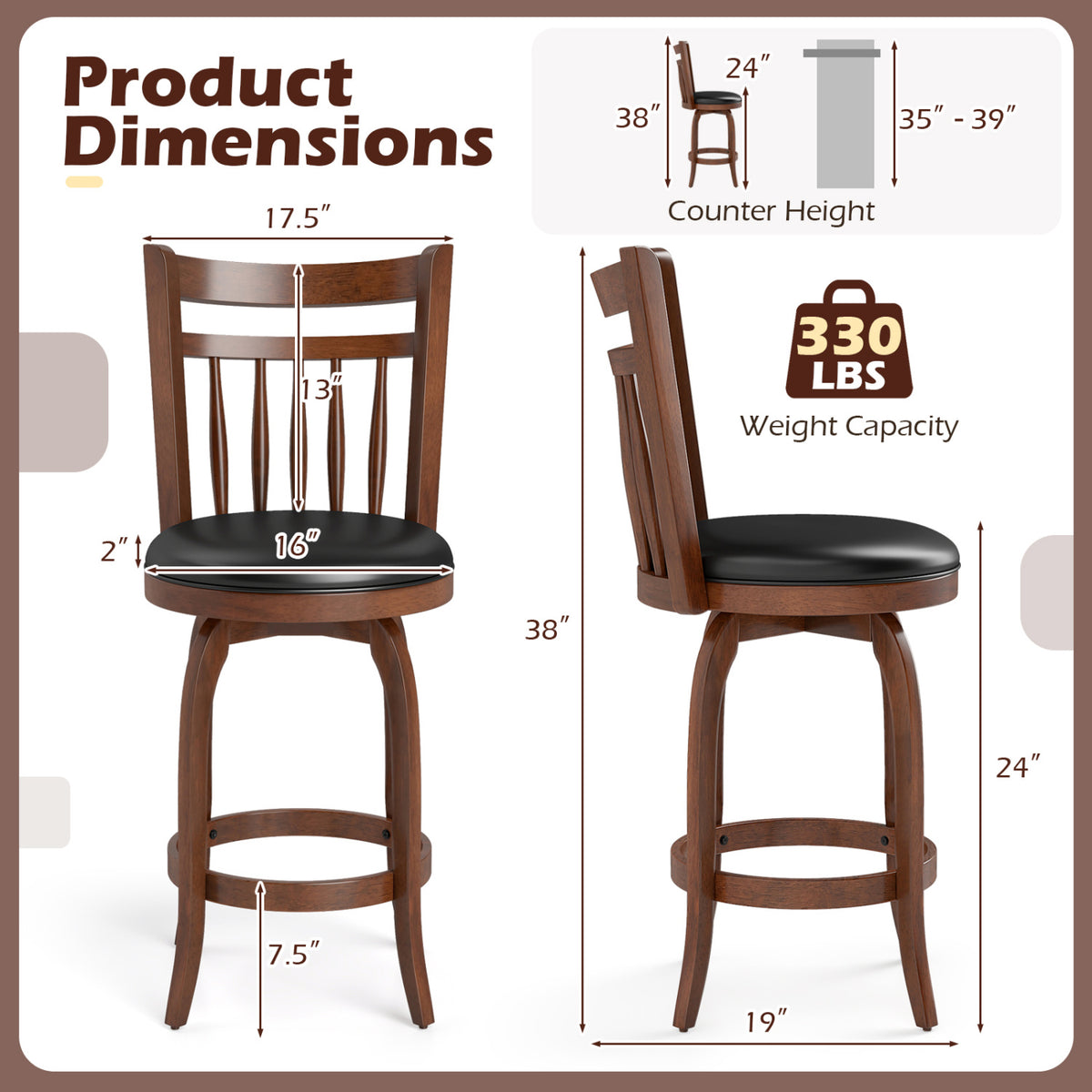 Swivel Bar Stools Set of 2 Counter Height Faux Leather Upholstered Barstools-24/Barstools-29 Inches/Inhces