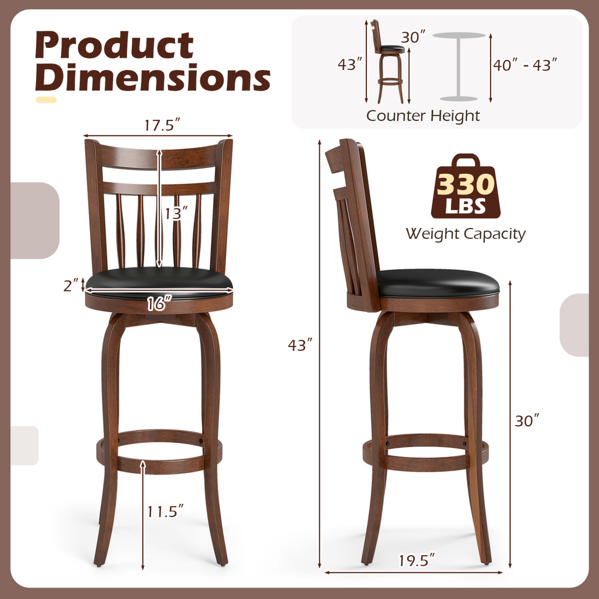 Swivel Bar Stools Set of 2 Counter Height Faux Leather Upholstered Barstools-24/Barstools-29 Inches/Inhces