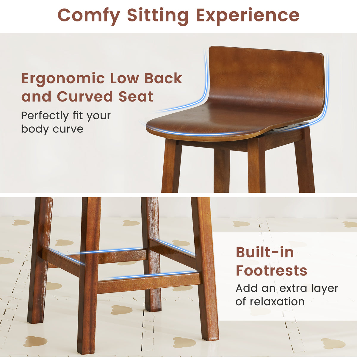 Swivel Wooden Bar Stools Set of 2 with Rubber Wood Legs and Low Back