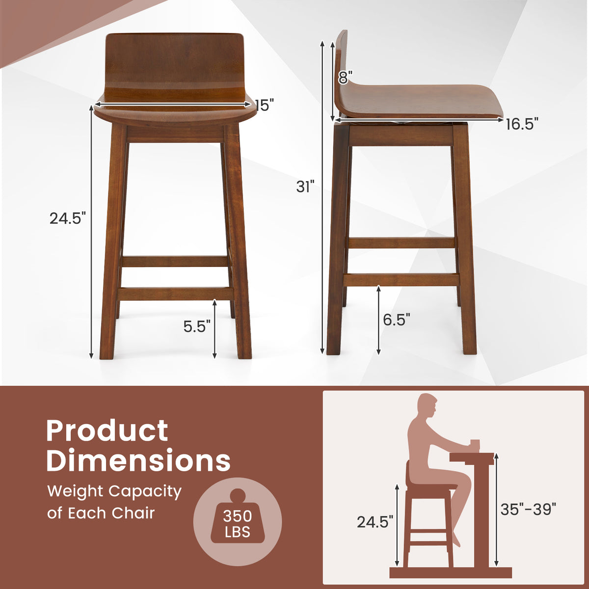 Swivel Wooden Bar Stools Set of 2 with Rubber Wood Legs and Low Back