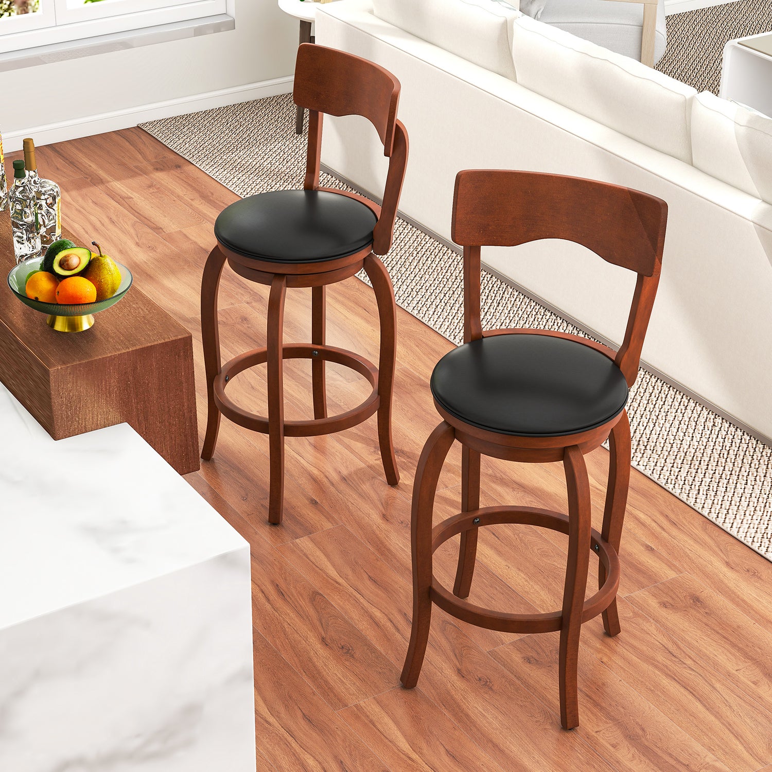 Swivel Bar Stools Set of 2 with Rubber Wood Frame and Upholstered Seat