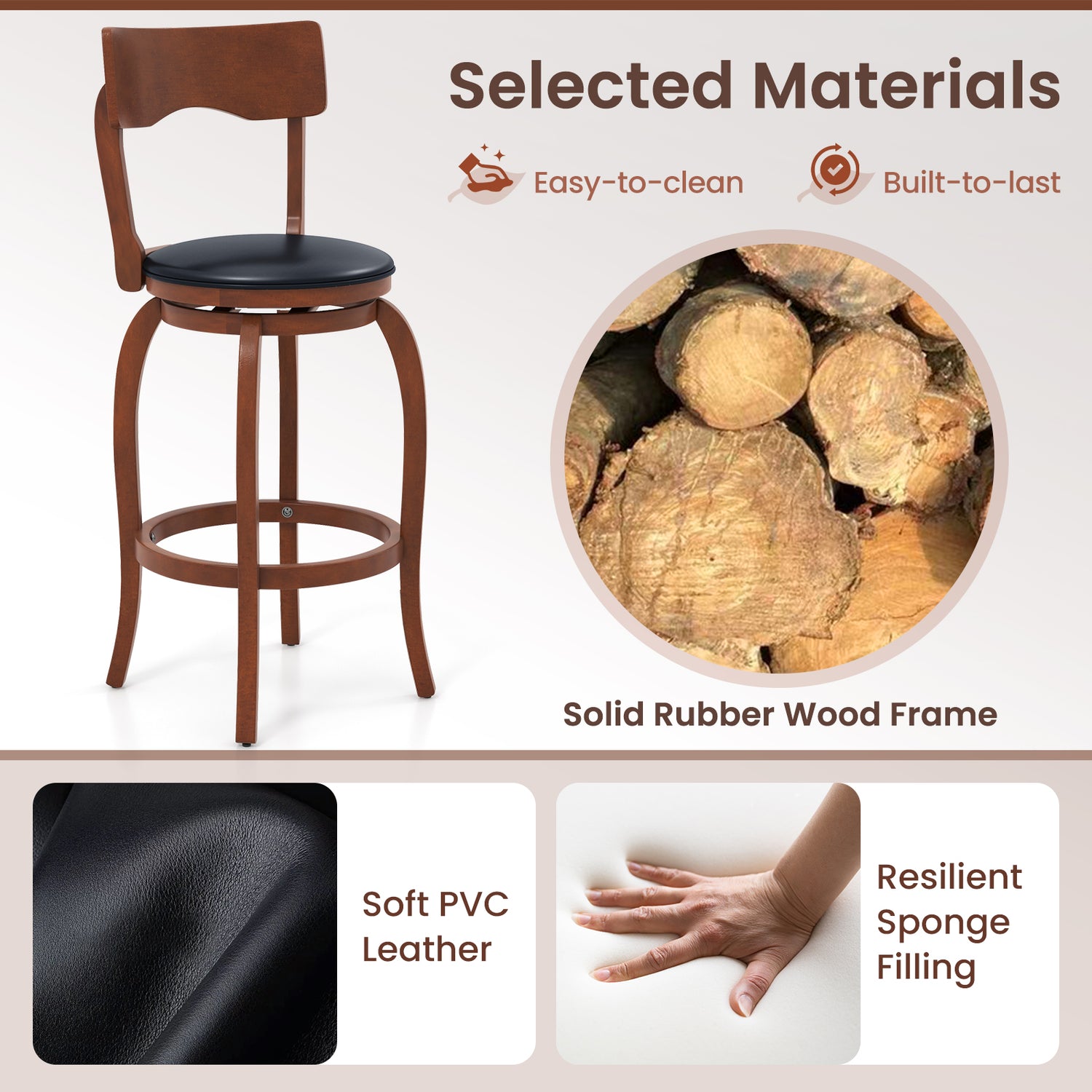 Swivel Bar Stools Set of 2 with Rubber Wood Frame and Upholstered Seat
