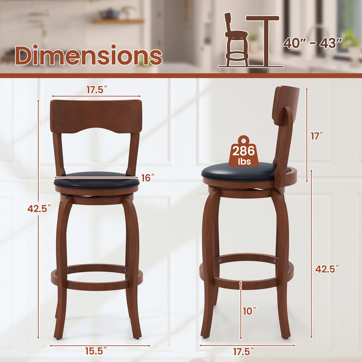 Swivel Bar Stools Set of 2 with Rubber Wood Frame and Upholstered Seat