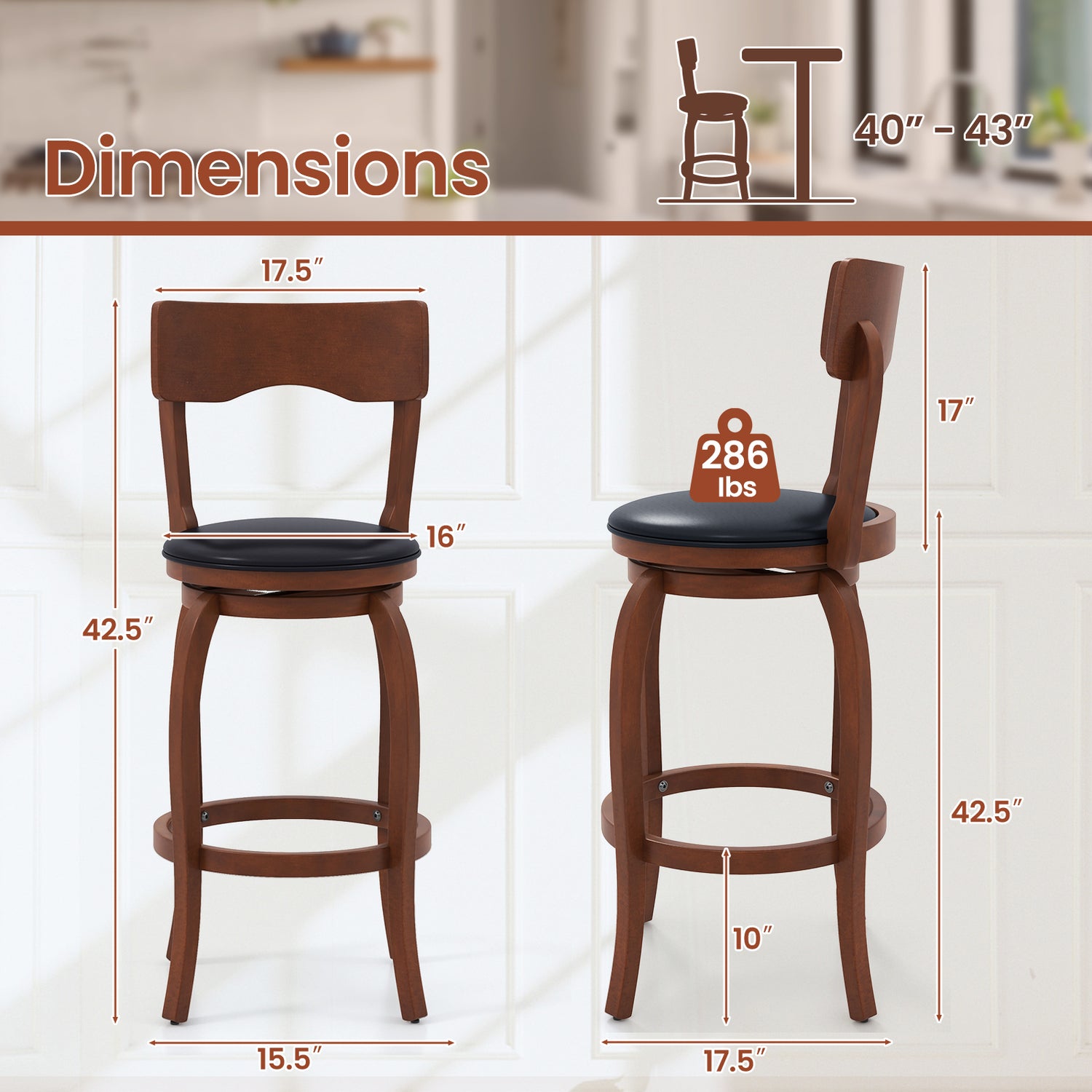 Swivel Bar Stools Set of 2 with Rubber Wood Frame and Upholstered Seat