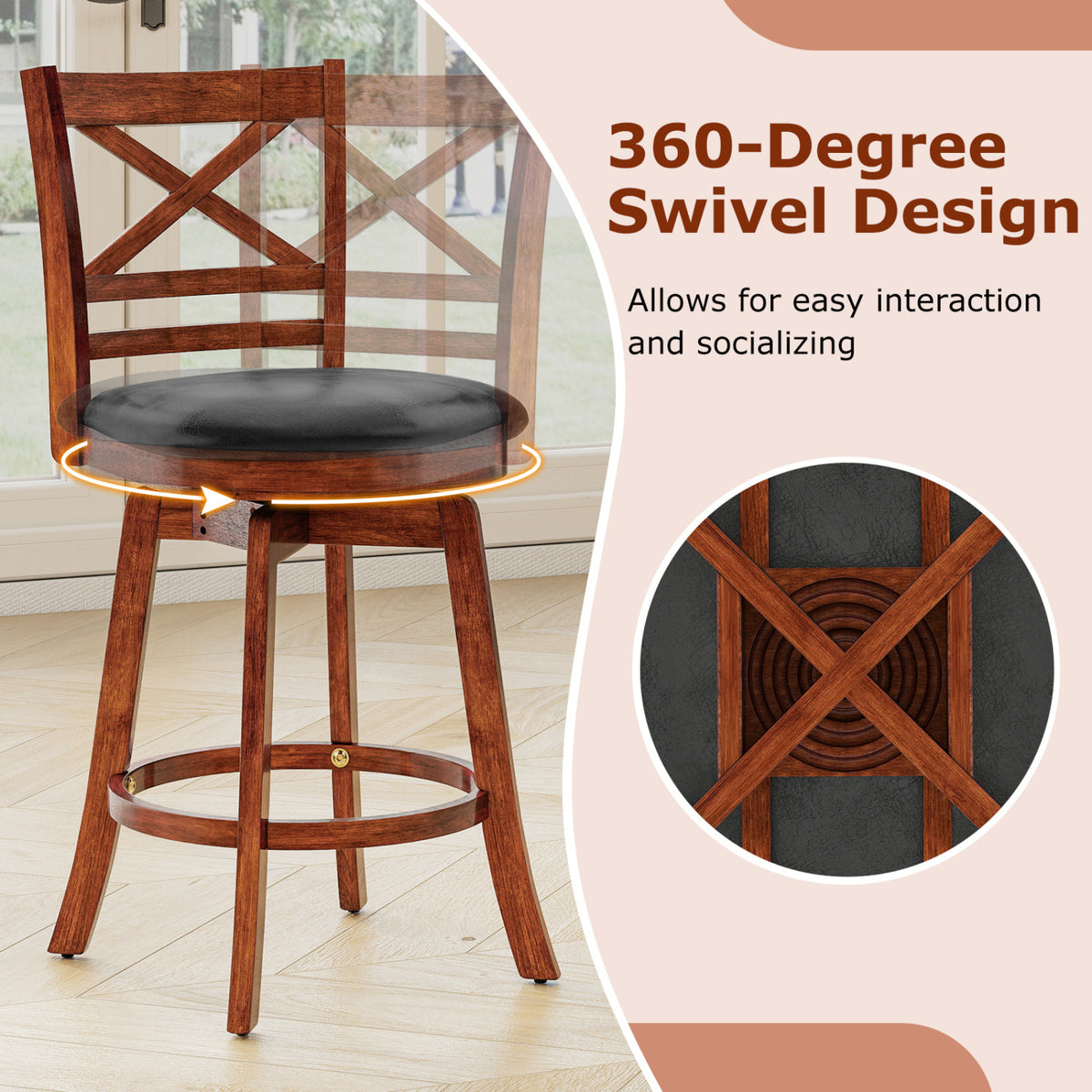 Swivel Barstools Set of 2 with Backrest and Footrest-29/Footrest-24 Inches
