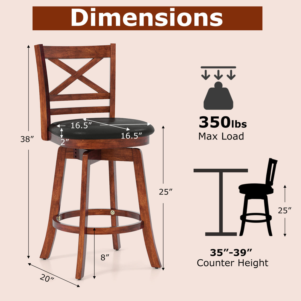 Swivel Barstools Set of 2 with Backrest and Footrest-29/Footrest-24 Inches