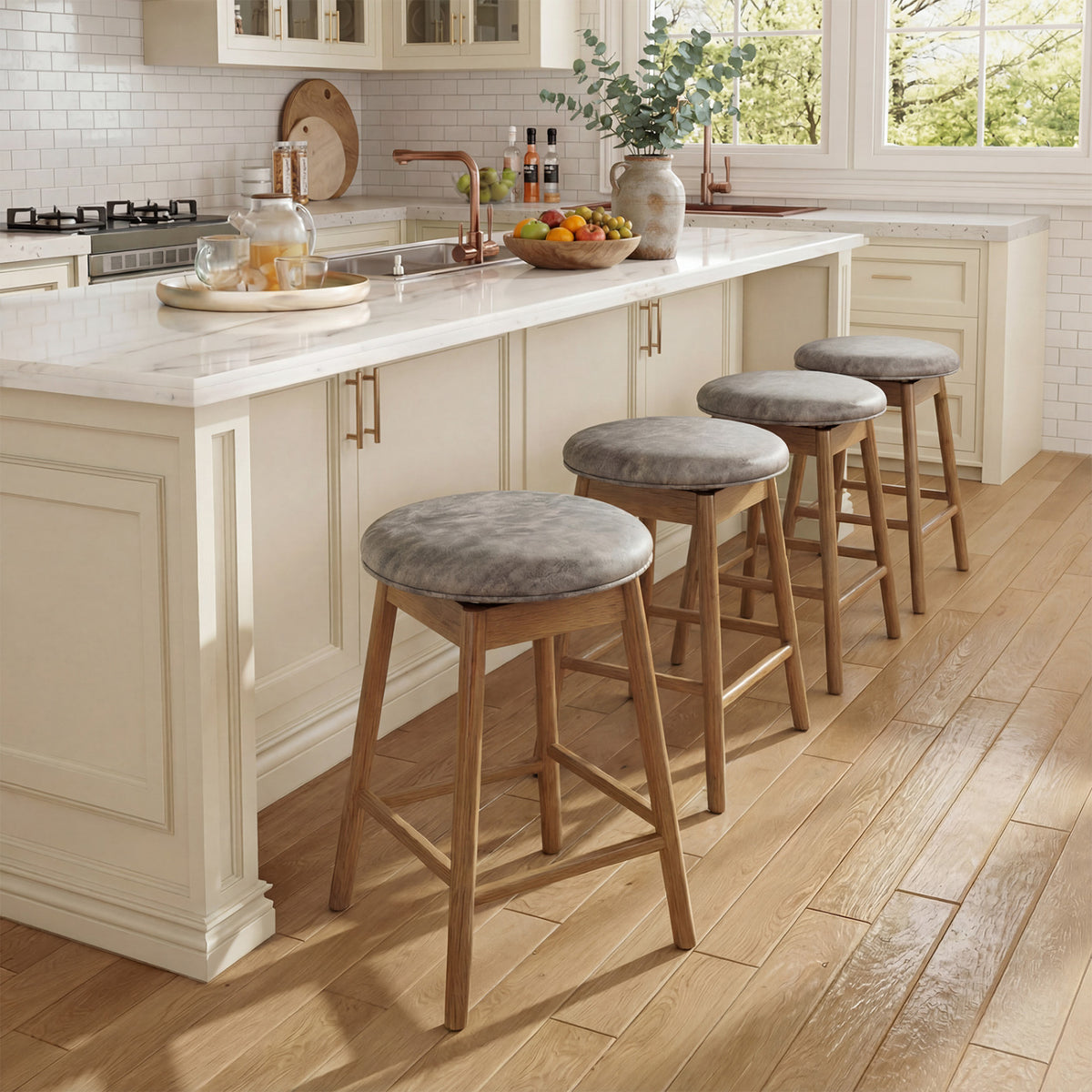 Swivel Counter Height Barstools with Solid Wood Legs and Footrests-Set of 2
