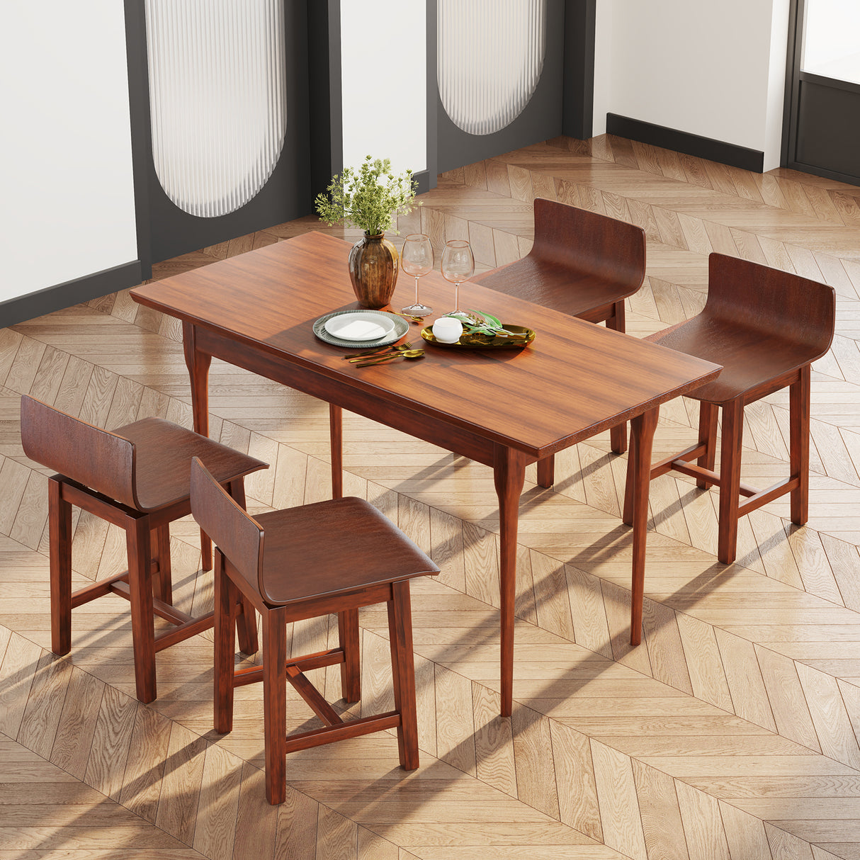 Swivel Dining Chair Set of 2 with Low Back and Curved Seat-Walnut