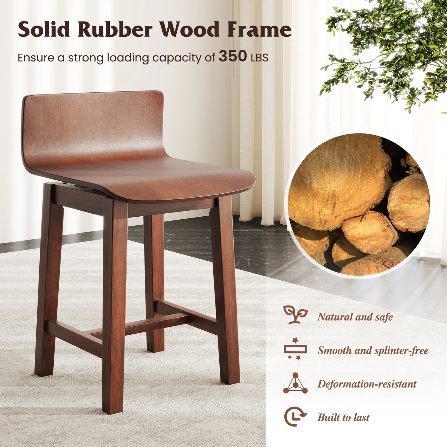 Swivel Dining Chair Set of 2 with Low Back and Curved Seat-Walnut