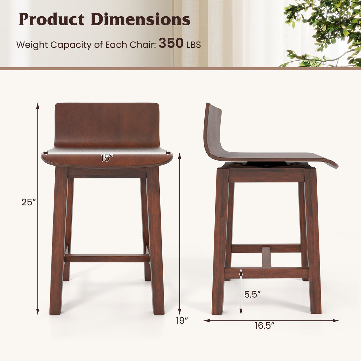 Swivel Dining Chair Set of 2 with Low Back and Curved Seat-Walnut