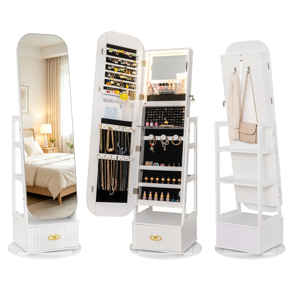 Swivel Jewelry Cabinet with Full-Length Mirror and LED Lights and Storage Shelves-White
