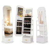 Swivel Jewelry Cabinet with Full-Length Mirror and LED Lights and Storage Shelves-White