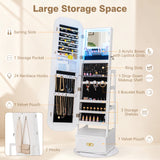 Swivel Jewelry Cabinet with Full-Length Mirror and LED Lights and Storage Shelves-White