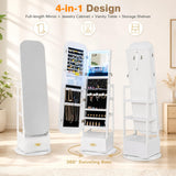 Swivel Jewelry Cabinet with Full-Length Mirror and LED Lights and Storage Shelves-White