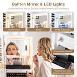 Swivel Jewelry Cabinet with Full-Length Mirror and LED Lights and Storage Shelves-White