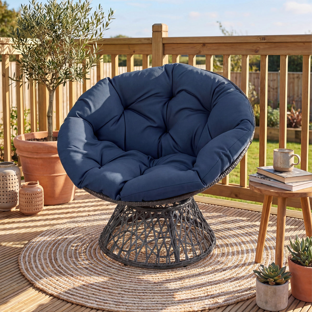 Swivel Papasan Chair Round Wicker Lounge Chair with Thick Cushion
