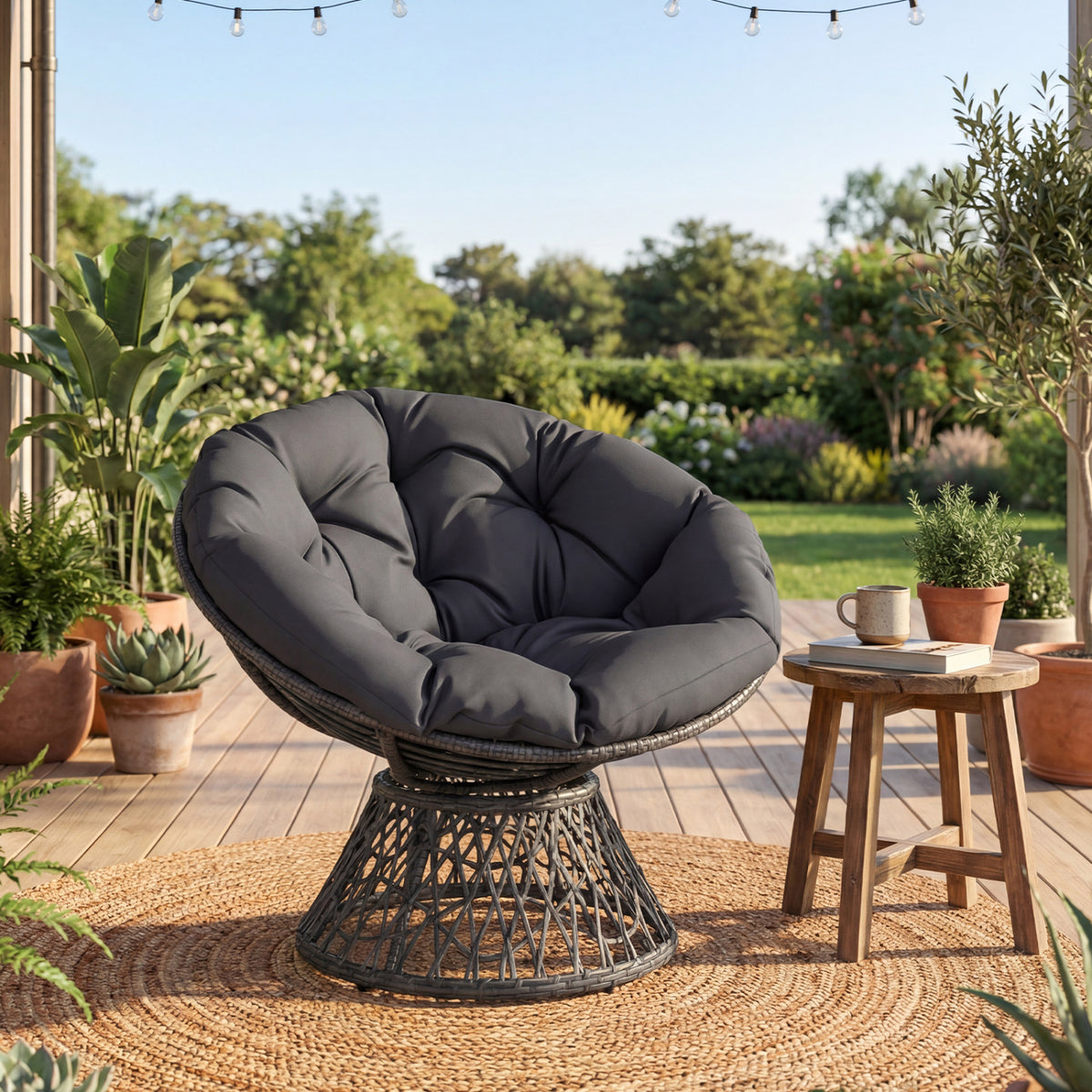 Swivel Papasan Chair Round Wicker Lounge Chair with Thick Cushion