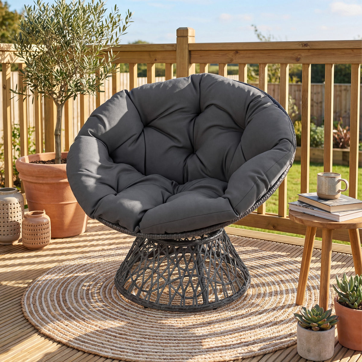 Swivel Papasan Chair Round Wicker Lounge Chair with Thick Cushion