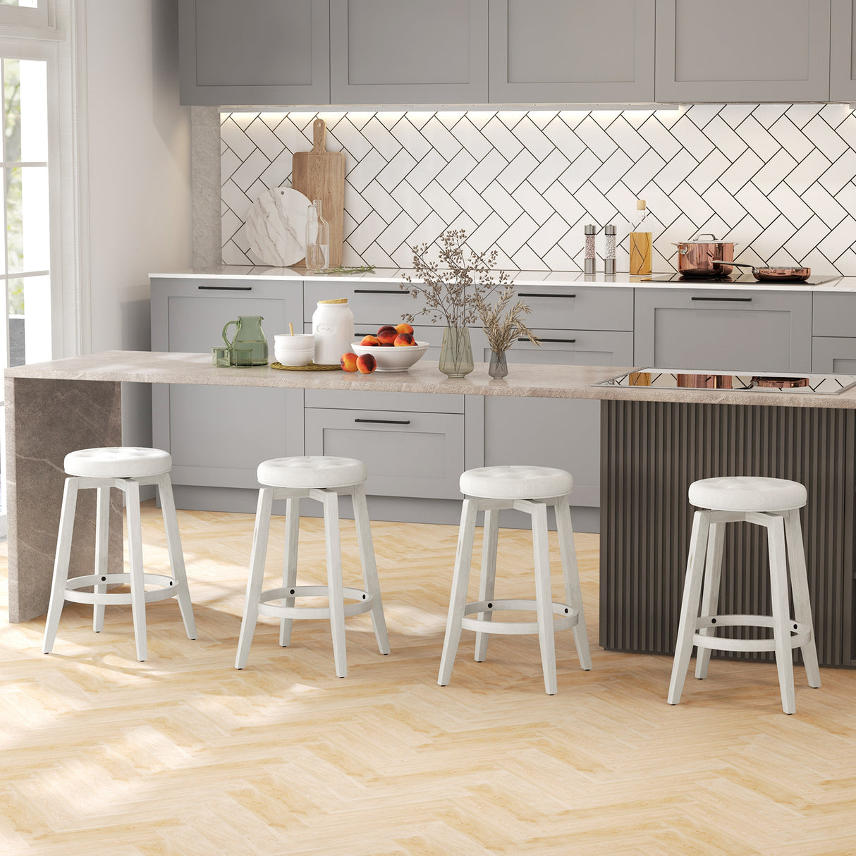 360-Degree Swivel Upholstered Rubberwood Frame Bar Stool Set of 2 with Footrest-24 inches