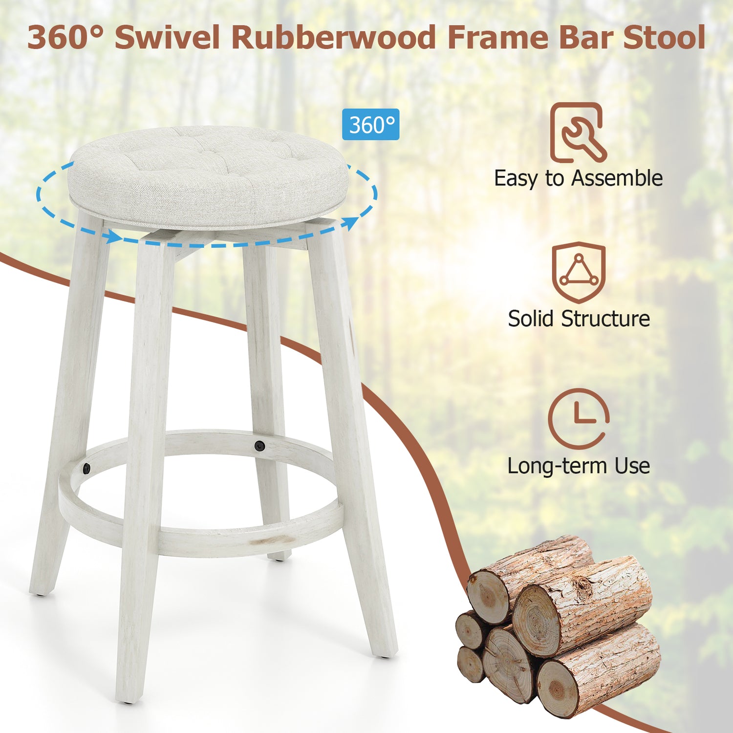 360-Degree Swivel Upholstered Rubberwood Frame Bar Stool Set of 2 with Footrest-24 inches